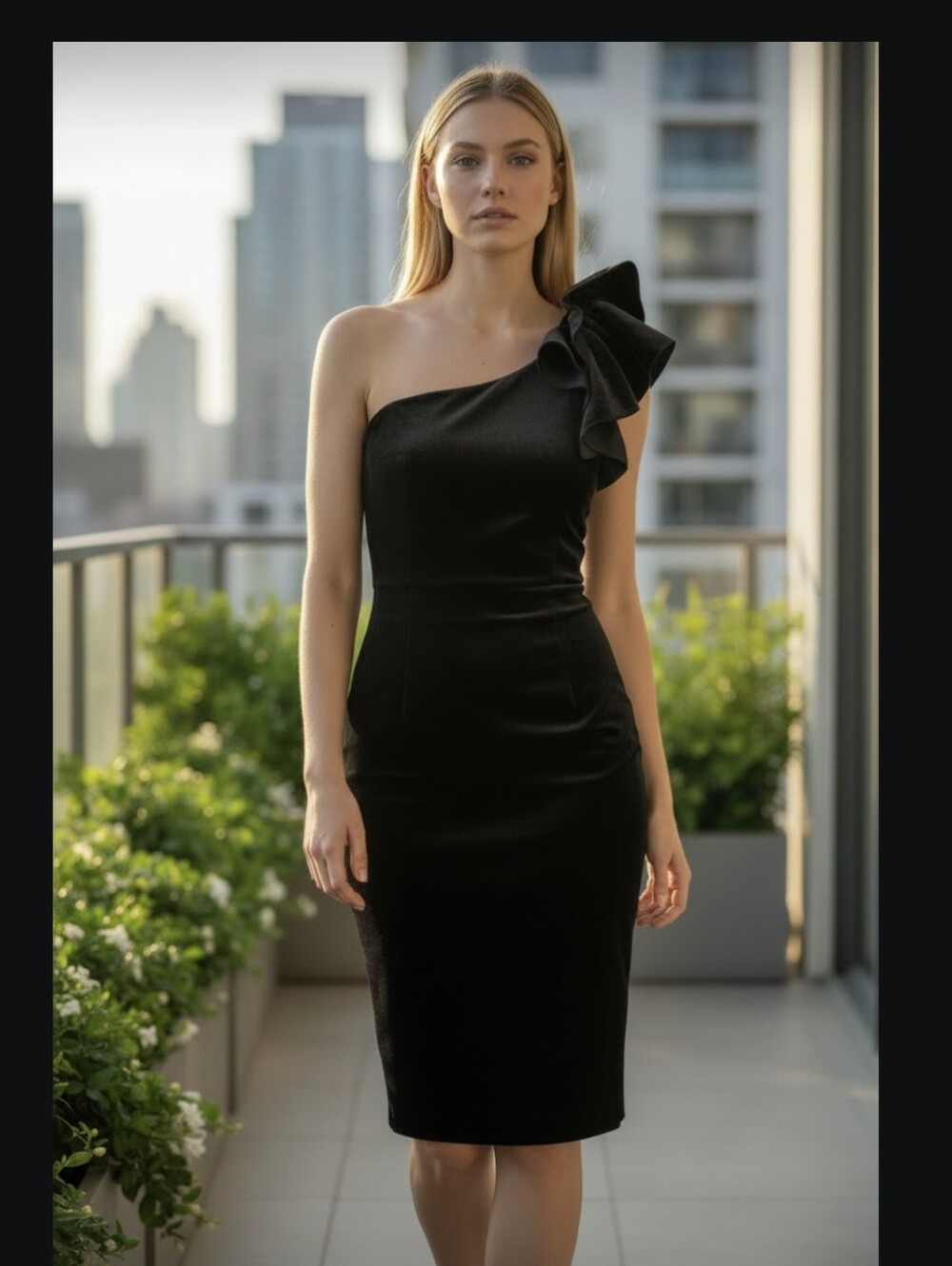 Nwot Eliza J Black Velvet One Shoulder Double Ruffle Midi Cocktail Dress